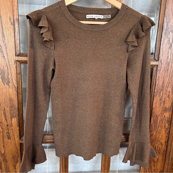 Alice + Olivia Brown Size‎ Med Ruffle Shimmer Sweater top - Picture 1 of 8